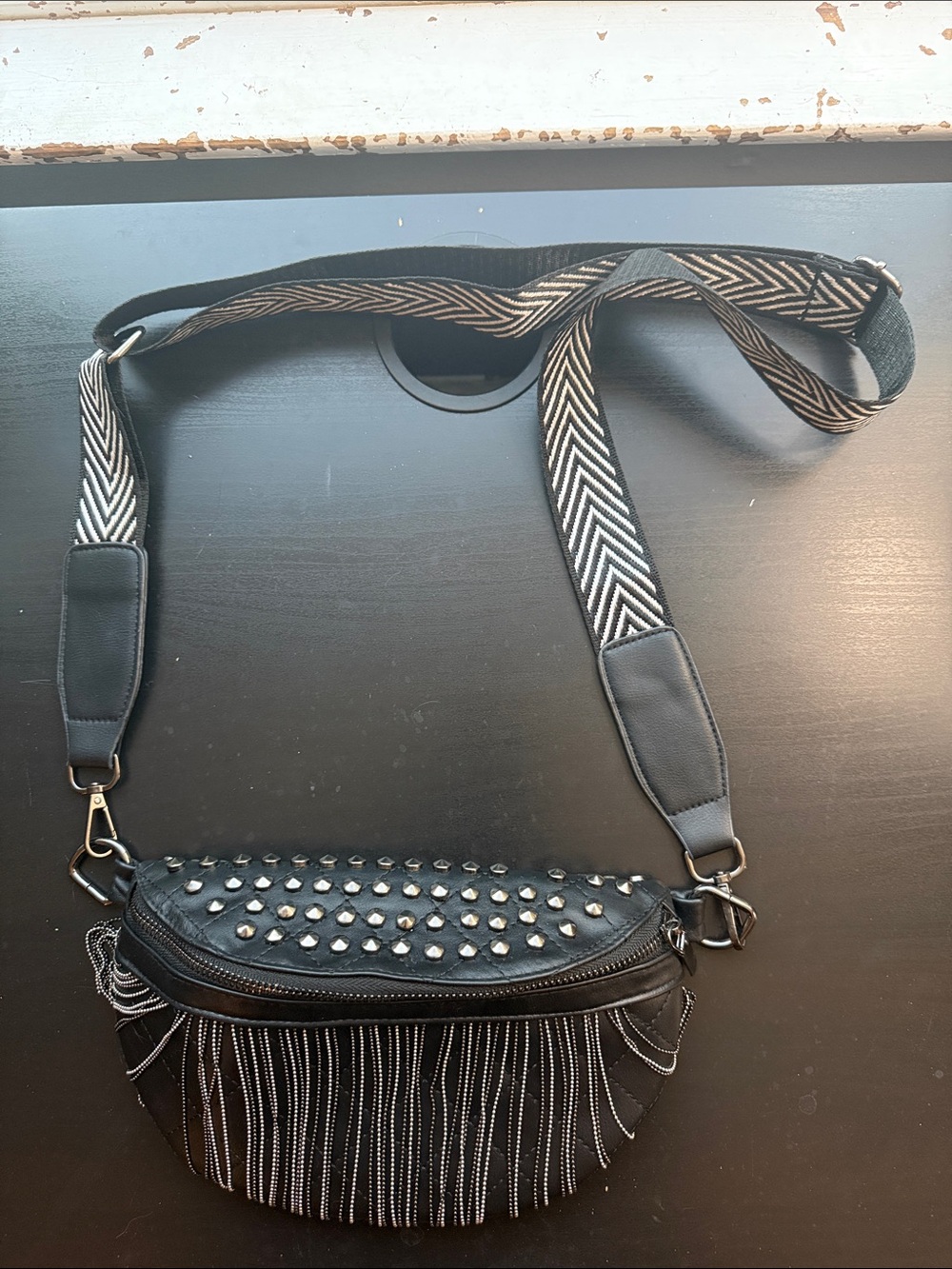 Black Fringe Crossbody Bag with Studded Detail - Picture 2 of 11